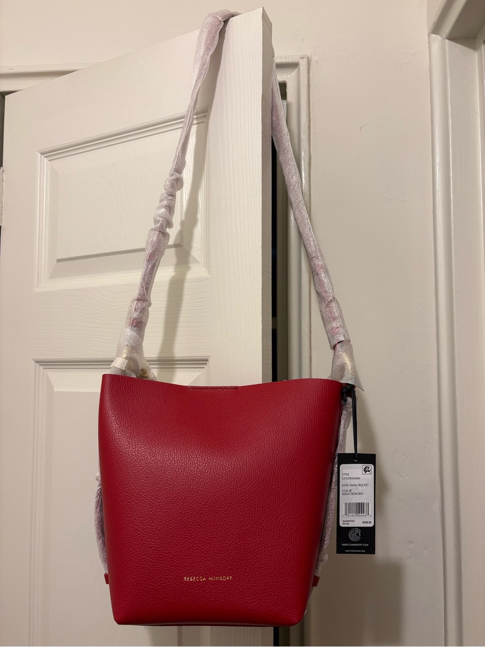 Rebecca Minkoff Bright Red Pebbled Leather Shoulder Bucket Bag